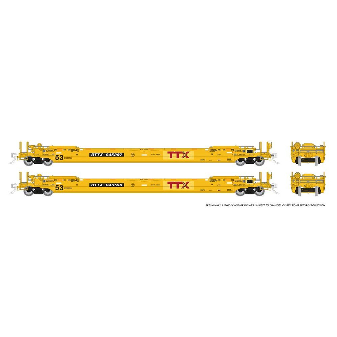 Yellow railcars with 'TTX' branding on a white background
